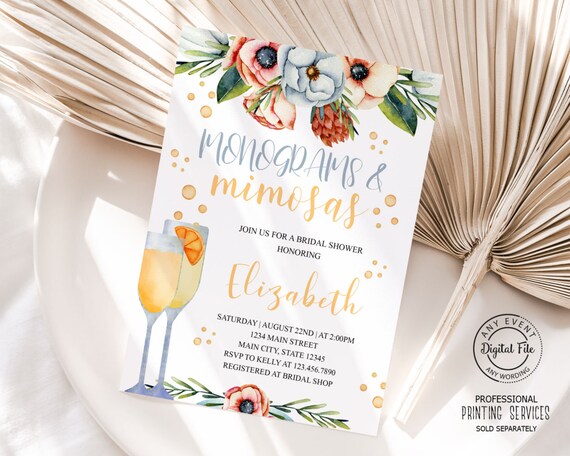 Floral Monograms & Mimosas Bridal Shower Invitation, Mimosas and Monograms Bridal Shower Invite, Luncheon Wedding Shower, Brunch and Bubbly Il_570xn