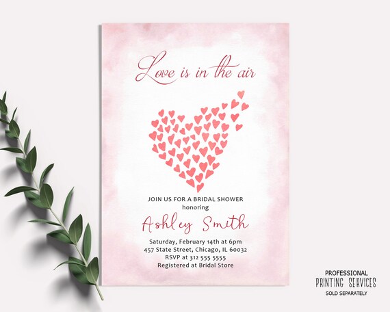Valentines Day Bridal Shower Invitation, Love is in the Air Wedding Shower Invite Printable with Red Hearts Il_570xn
