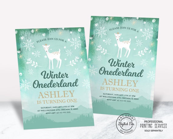 Winter ONEderland Girl 1st Birthday Invitation Printable, Woodland Winter Little Deer Kids Party Invite, Winter Wonderland, Forest Animals Il_570xn