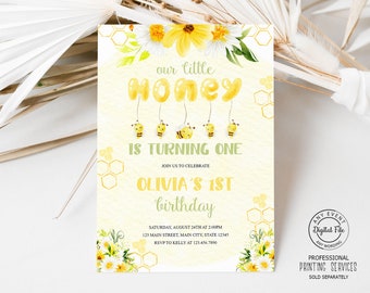 Invitación para el primer cumpleaños de la abeja, nuestra pequeña Honey cumple un año, invitación para la fiesta de la abeja, fiesta del primer cumpleaños, invitación floral de la abeja