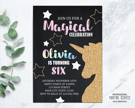 Magical Unicorn Party Invitation for Girl Birthday, Unicorn Printable Invite with Stars and Gold Glitter Il_570xn