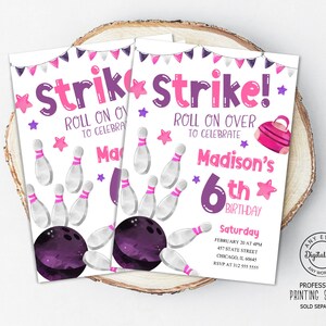 Pink and Purple Bowling Birthday Invitation, Girl Bowling Party Invite, Strike Up Some Fun Printable Invitation, Bowling Night, Digital