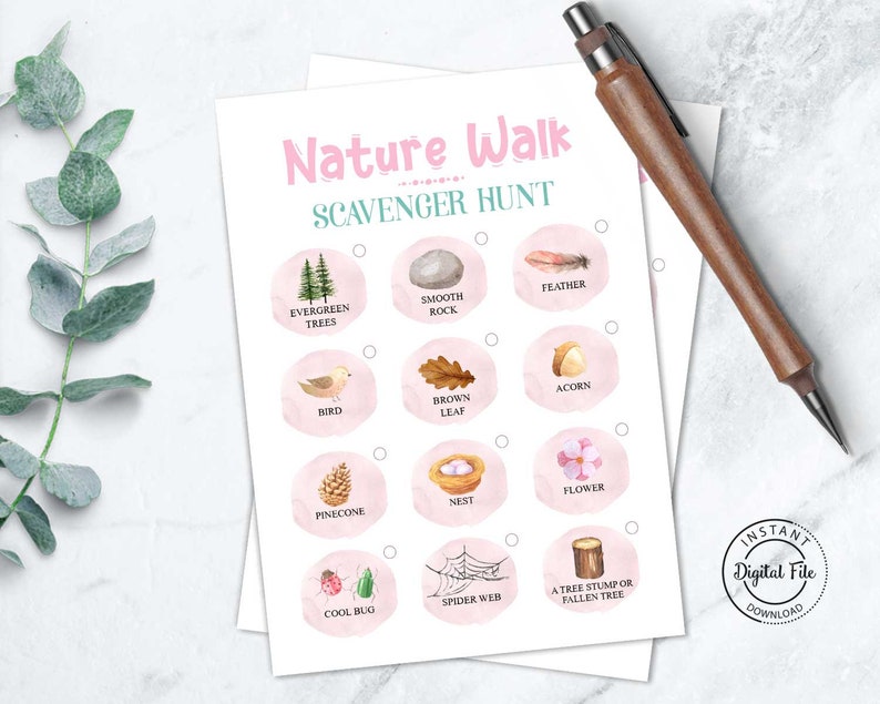 Outdoor Scavenger Hunt Card, Nature Birthday Hiking Kid Activity Printable, Girl Party Outdoors Kid Game, Camping Birthday Kids Hiking