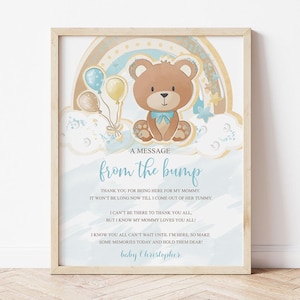 Placa de mensagem editável da barriga de bebê, placa de barriga de bebê de urso, placa de decoração para chá de bebê de menino, carta da barriga de bebê, modelo de mensagem para barriga de bebê