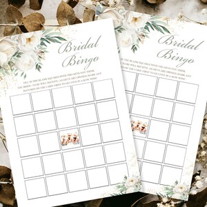 Tarjeta de bingo nupcial con rosas blancas elegantes, juego de despedida de soltera con flores, tarjetas de juego de despedida de soltera, bingo imprimible para ducha al aire libre en el jardín