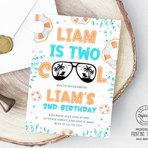 Two Cool Birthday Invitation, Summer Boy 2nd Birthday Invite, Second Birthday Party Printable, Pool Party, Waterpark Birthday