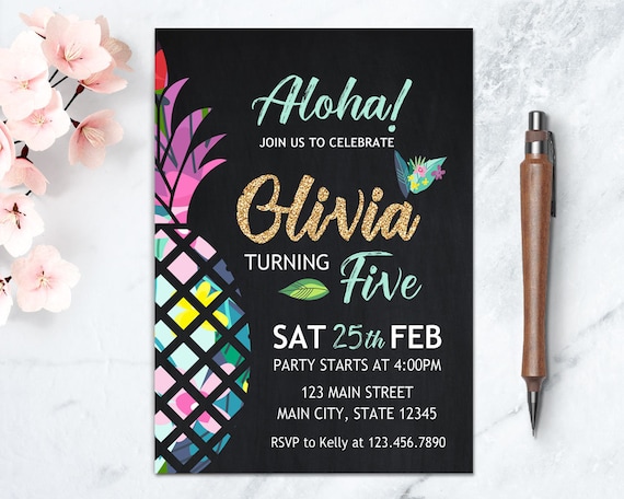 Pineapple Birthday Invitation, Luau Invitation, Hawaiian Luau Invite, Hawaiian Birthday Printable, Tropical Theme Birthday, Hawaiian Party Il_570xn