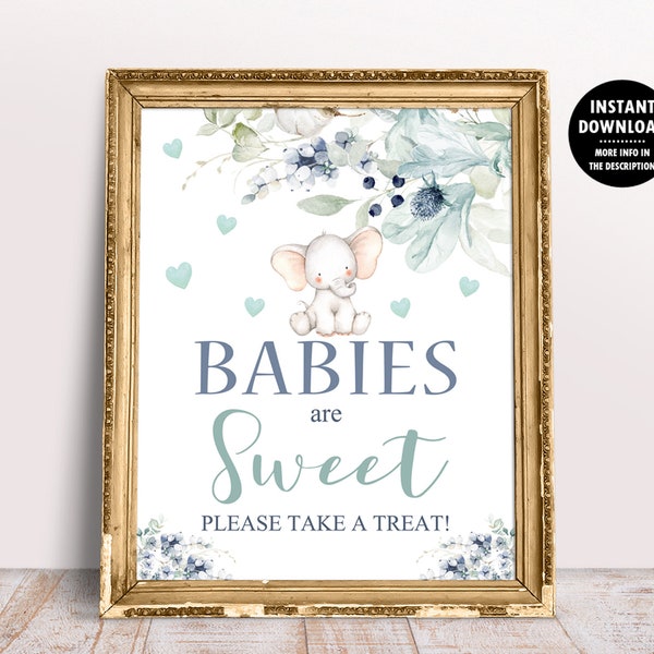 Babies Are Sweet Please Take a Treat Table Sign, Floral Elephant Baby Shower or Sprinkle Decorations Printable Table Decor