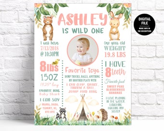 Woodland Girl 1st Birthday Poster Printable, Party Decor Floral with Forest Animals and Boho Teepee, Girl Wild One Sign, Any Age