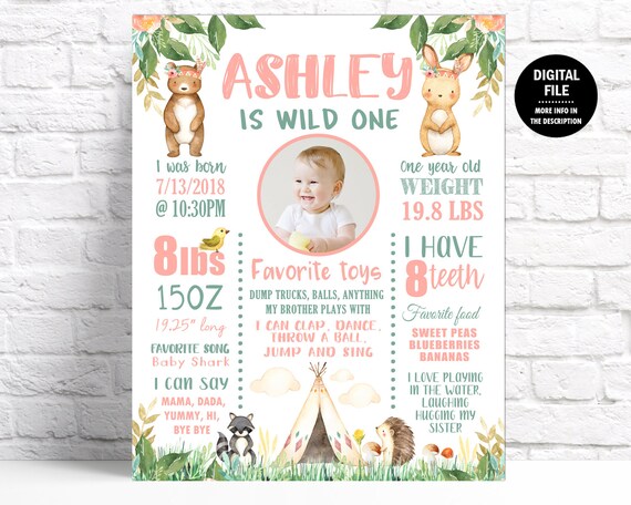 Woodland Girl 1st Birthday Poster Printable, Party Decor Floral with Forest Animals and Boho Teepee, Girl Wild One Sign, Any Age Il_570xn