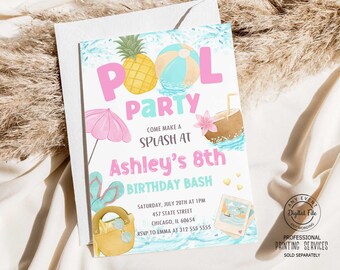 Pool Party Invitation, Water Park Girl Birthday Invitation, Cool by the Pool, Teen Swim Party, Fun in the Sun Splash Pad, Two Cool Digital