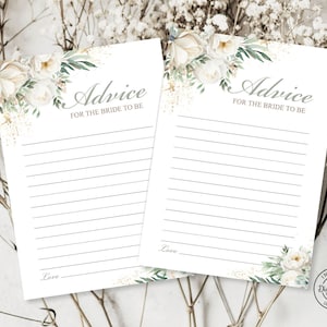 Tarjeta de consejos para la futura novia con rosas blancas elegantes, juego de despedida de soltera con flores, tarjetas de juego para despedida de soltera, tarjetas de sabiduría para despedida de soltera al aire libre en el jardín