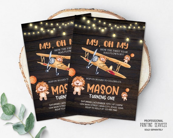 Oh My How Time Flies First Birthday Invite, Airplane Birthday Invitation, Lion Birthday Party Invite, Safari First Birthday Invite, Digital Il_570xn