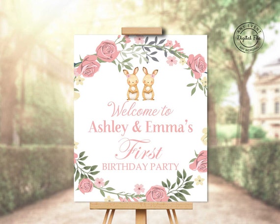 Twins Bunny Birthday Welcome Sign, Easter Birthday Party Decor, Twin Girls First Birthday Table Sign Some Bunnies Printable Decorations 1044 Il_570xn