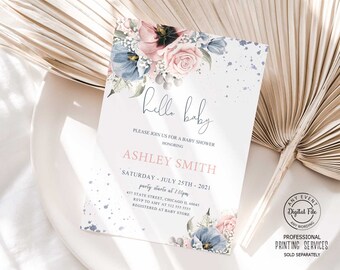 Elegant Floral Hello Baby Shower Invitation, Coed Gender Neutral Gender Reveal Party Invite, Blue and Pink He or She, Boy or Girl 1031
