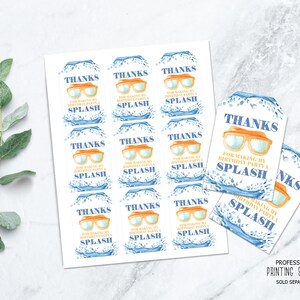 May include: White paper tags and stickers with a blue and orange design. The tags and stickers feature sunglasses and the text "Thanks for making my birthday party a splash."