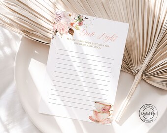 Ideeën voor een date-avond, thee-vrijgezellenfeestspel, high tea bruidsbrunch, Love is Brewing Date-avond suggestiekaart Advieskaart huwelijksfeest