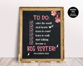 Floral Big Sister To Do List, Big Sister Announcement Sign, Big Sister Checklist, Promoted to Big Sis, Pregnancy Announcement Reveal Poster