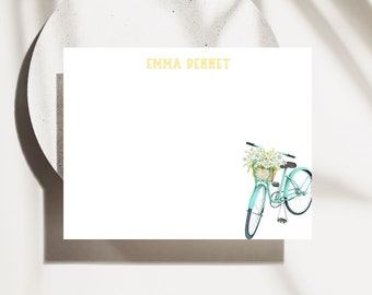 Personalized Stationery Note Card Set, Floral Bike Thank You Card, Custom Name Girl Stationary, Birthday Thank You Notes with Envelopes