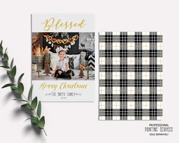 Blessed Merry Christmas Greeting Cards With Photo, Buffalo Check Plaid Holiday Cards Printable Il_570xn
