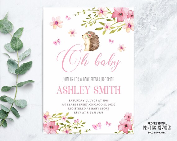 Woodland Hedgehog Baby Shower Invitation Printable, Forest Animals Floral Sprinkle Invite Digital Pink and Green Il_570xn
