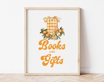 Little Cutie Books and Gifts Sign, Gender Neutral Baby Shower Game, Floral Clementine Printable Decor, Orange Coed Baby Shower Table Sign