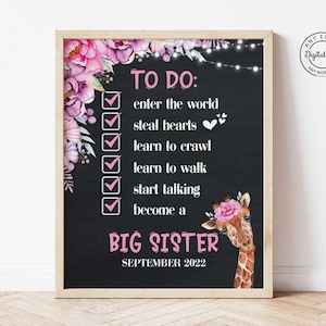 Rosa Florals Big Sister To Do-Liste, niedliche Giraffe Big Sister Ankündigung, Checkliste für große Schwestern, förderte zu Big Sis, Schwangerschaft enthüllen Poster