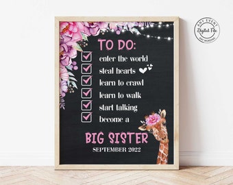 Pink Florals Big Sister To Do List, Cute Giraffe Big Sister Announcement, Big Sister Checklist, Promoted to Big Sis, Pregnancy Reveal Poster