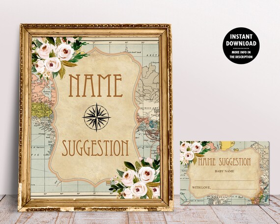 Baby Name Ideas Sign and Answer Card, World Map Baby Shower Activities Printable, Travel Theme Around the World Name Game No. 1014 Il_570xn