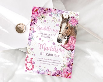 May include: A pink and purple floral invitation with a watercolor illustration of a brown horse wearing pink cowboy boots. The text reads "Saddle up and gallop on over to celebrate Maddison is turning four".