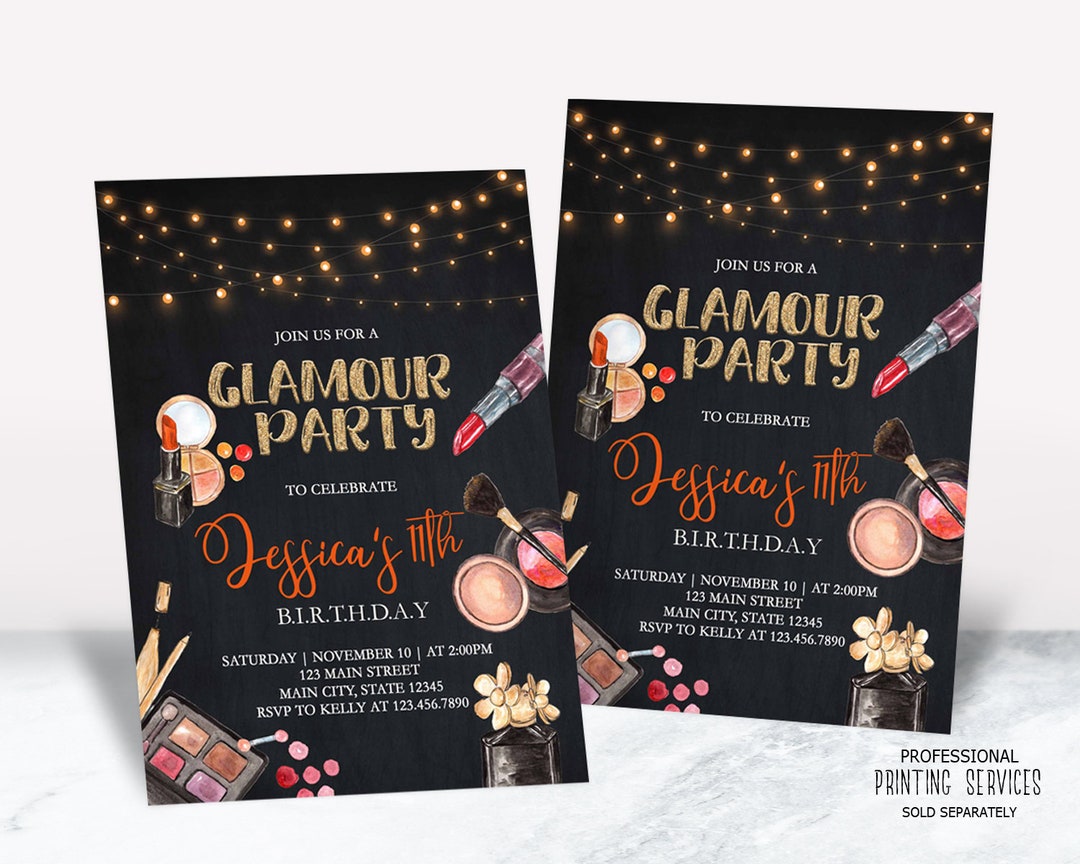 Glitz and Glam Party Invitation, Make up Birthday Party Invite, Glamour