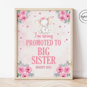 Promoted to Big Sister Sign, Pink Floral Elephant Big Sister Announcement, Baby Announcement, Big Sis Party Decor, Pregnancy Announcement