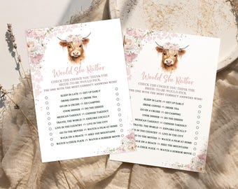 Would She Rather Game, Holy Cow Bridal Shower Game, Highland Cow Wedding Shower, She's Getting Married, Farm Theme Party, Country Shower