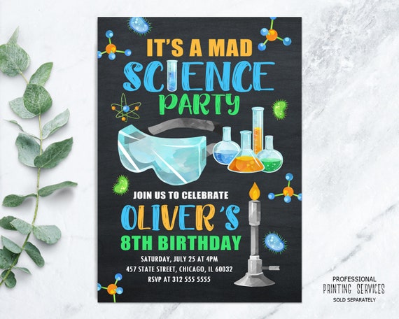 Boy Science Birthday Invitation, Mad Scientist Party Invite Printable, Mad Science Goggles Test Tube Molecule Digital Il_570xn
