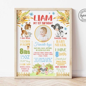 Farm Animals 1st Birthday Poster, Girl or Boy Barnyard Milestone Party Sign, Petting Zoo Decor Printable, Farm Birthday Decoration No. 1016