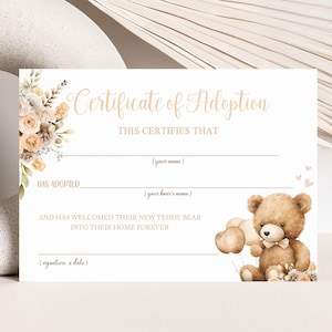 Certificado de adopción de oso de peluche, regalos de fiesta para adoptar un animal de peluche, fiesta de oso de peluche para niño, decoración de picnic con oso de peluche, picnic con oso de peluche