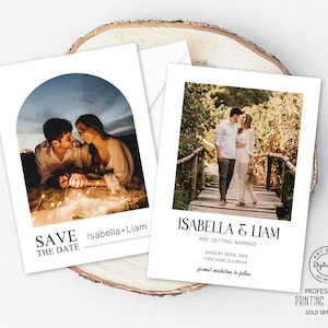 Invitación moderna con diseño de arco para guardar la fecha, invitación minimalista con foto para guardar la fecha, invitación minimalista para aniversario de bodas estilo boho, postal para guardar la fecha