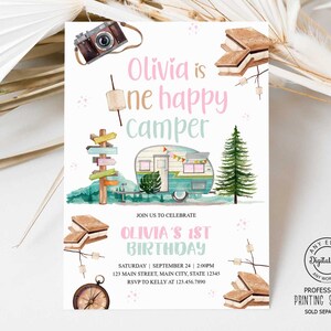Girls 1st Camping Birthday Invitation, One Happy Camper First Birthday Party Invite, Camp Invitation Pink Green, S&#39;mores Marshmallows