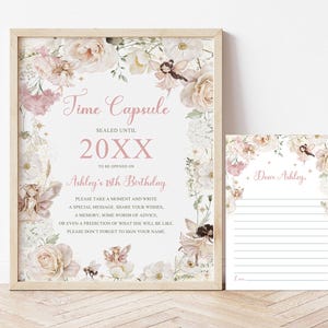 Cápsula de tempo de primeiro aniversário de fada e cartão de mensagem, decoração de festa de aniversário de menina floral caprichosa, conselhos sobre previsões, desejos, jardim de fadas