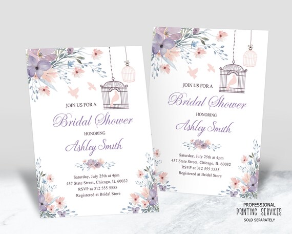 Floral Birdcage Bridal Shower Invitation Printable, Watercolor Birds Party Invite Pink and Purple, Elegant Garden Wedding Shower Il_570xn