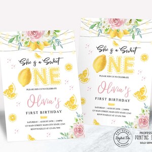 She is a Sweet One Invite, First Birthday Invitation Sweet One Lemon Birthday Invitation Sunshine Lemon Birthday Invite, Lemonade Fun Party