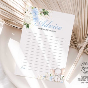 Carte Conseils éléphant pour la future maman, c'est un jeu de fête pour baby shower garçon Floral Oh Boy, saupoudrer carte message imprimable carte sagesse numérique