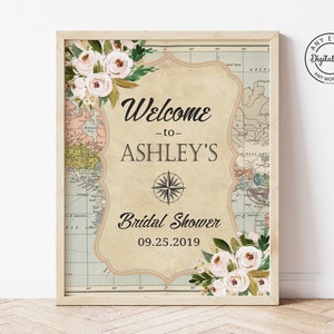 World Map Bridal Shower Welcome Sign, Printable Floral Travel Theme Rustic Wedding Shower Decor, Around the World Decorations