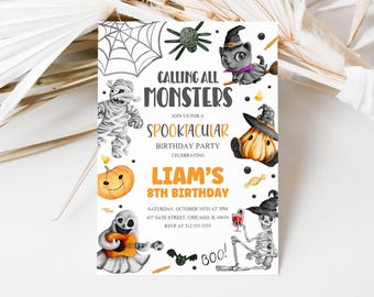 May include: A Halloween-themed birthday party invitation with the text "CALLING ALL MONSTERS" and "SPOOKTACULAR BIRTHDAY PARTY". The invitation features illustrations of a mummy, spider, cat, pumpkin, ghost, and skeleton. The invitation is for Liam's 8th birthday.