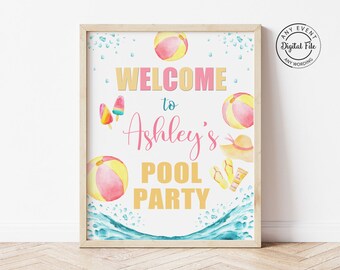 Signe de bienvenue de fête d’anniversaire de natation, thème d’anniversaire de fille de plage, décor de table de fête de piscine, décoration d’éclaboussures de splish rose et jaune 1040