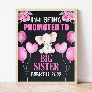 Letrero de anuncio de "Me ascendieron a hermana mayor", accesorios fotográficos para "voy a ser hermana mayor", sesión de fotos de embarazo, póster digital con elefante floral