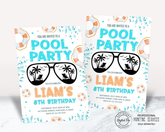 Boy Pool Party Invitation, Water Park Birthday Invite, Sunglasses Party Invitation, Fun in the Sun, Cool by the Pool Teenage Birthday 1042 Il_570xn