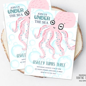Pink Octopus Under the Sea Girl Birthday Party Invitation, Ocean Beach Theme Invite