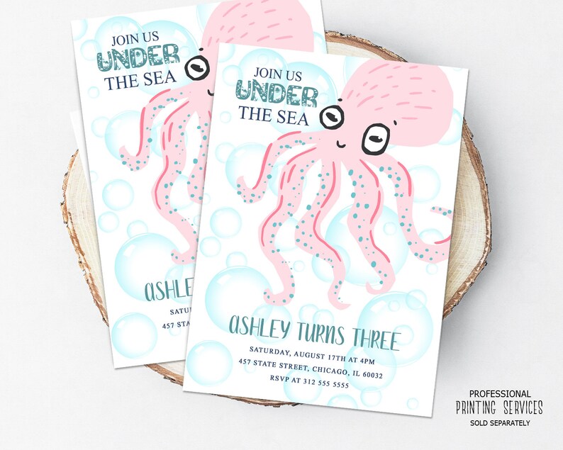 Pink Octopus Under the Sea Girl Birthday Party Invitation, Ocean Beach Theme Invite