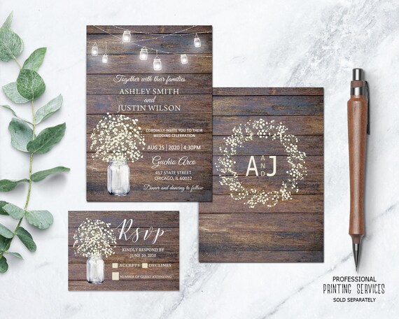 Rustic Baby's Breath Wedding Invitation with RSVP Card Printable, Country Barn Invite Il_570xn